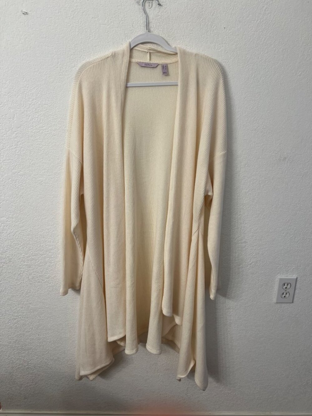 Any Body Cozy Open Front Longline Cardigan In Cream  Ribbed Knit Soft Lightweigh